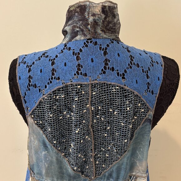 Bohemian patchwork sleeveless vest in blue, white, and gold, one size - Picture 5 of 11